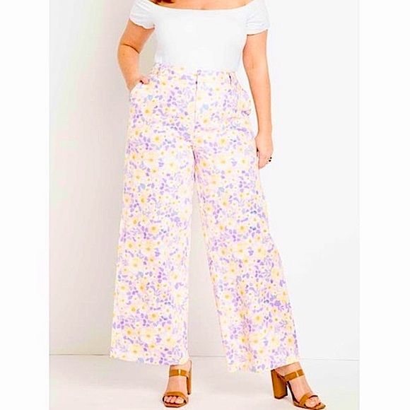 Eloquii Wide Leg Floral Pants in Lavender and Yellow - Picture 3 of 13